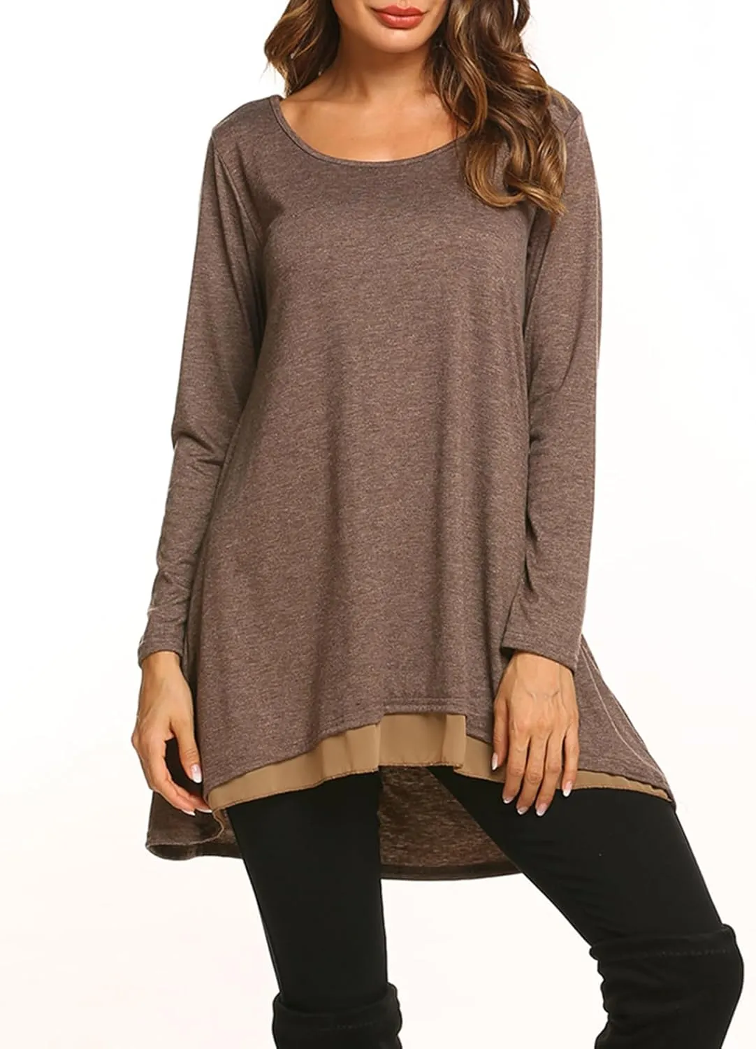 Poetsky Women's Long Sleeve Solid Color Tunic Tops Layered Chiffon Hem Casual Loose Blouse Shirts