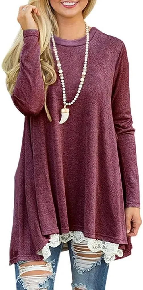 Poetsky Women's Long Sleeve Solid Color Tunic Tops Layered Chiffon Hem Casual Loose Blouse Shirts
