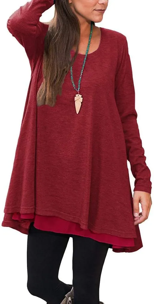 Poetsky Women's Long Sleeve Solid Color Tunic Tops Layered Chiffon Hem Casual Loose Blouse Shirts