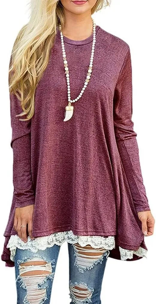 Poetsky Women's Long Sleeve Solid Color Tunic Tops Layered Chiffon Hem Casual Loose Blouse Shirts
