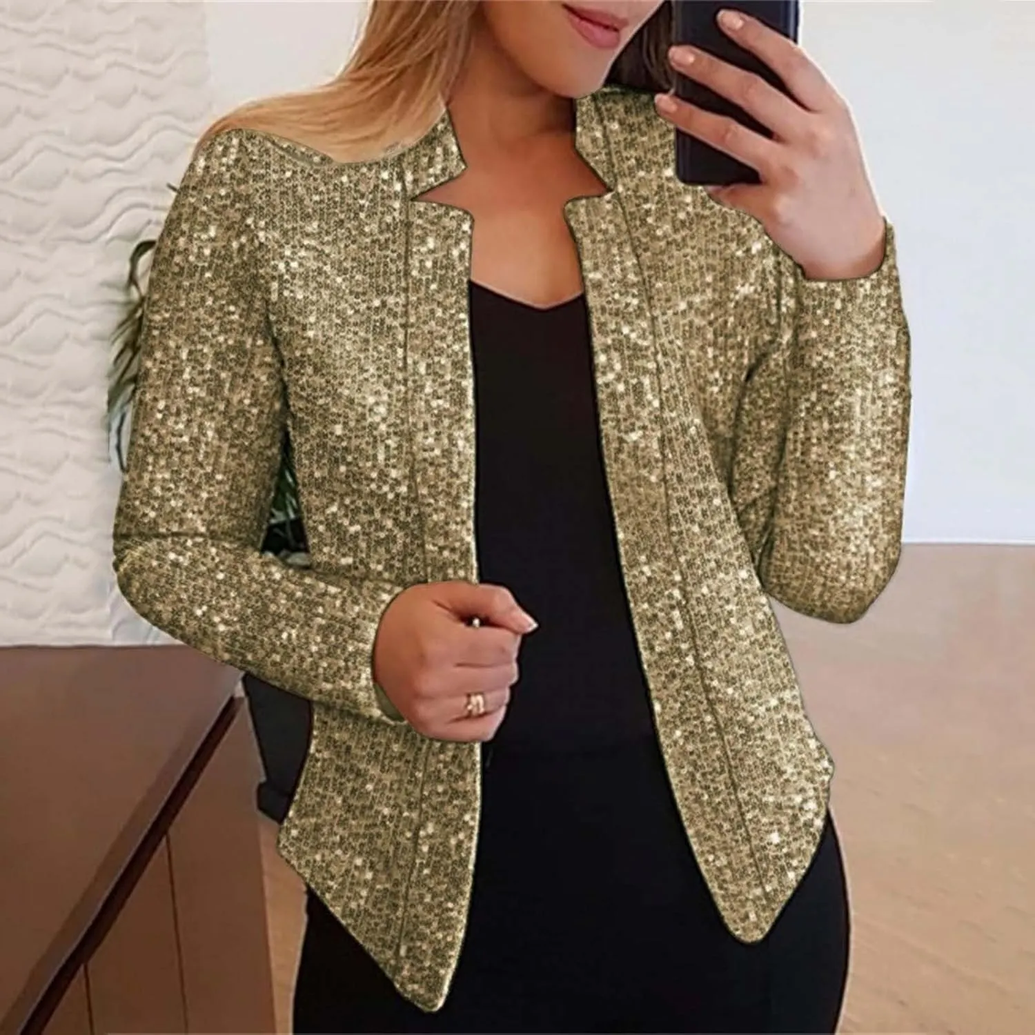 Sequin Blazer for Women Sparkly Sequin Jacket Crop Long Sleeve Lapel Open Front Shimmer Glitter Sequin Cardigan
