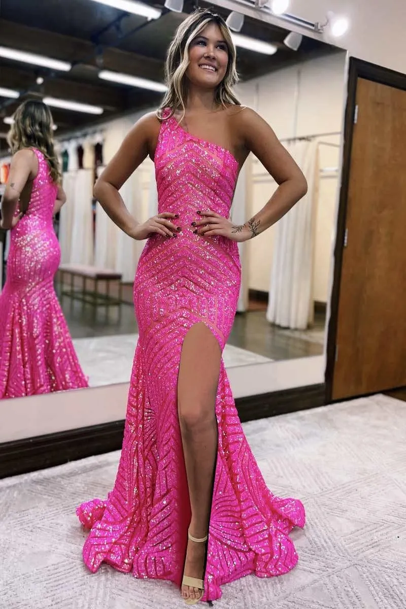 Sequin One Shoulder Prom Dress with Slit Sparkly Mermaid Ball Gown Sleeveless Long Formal Evening Dresses