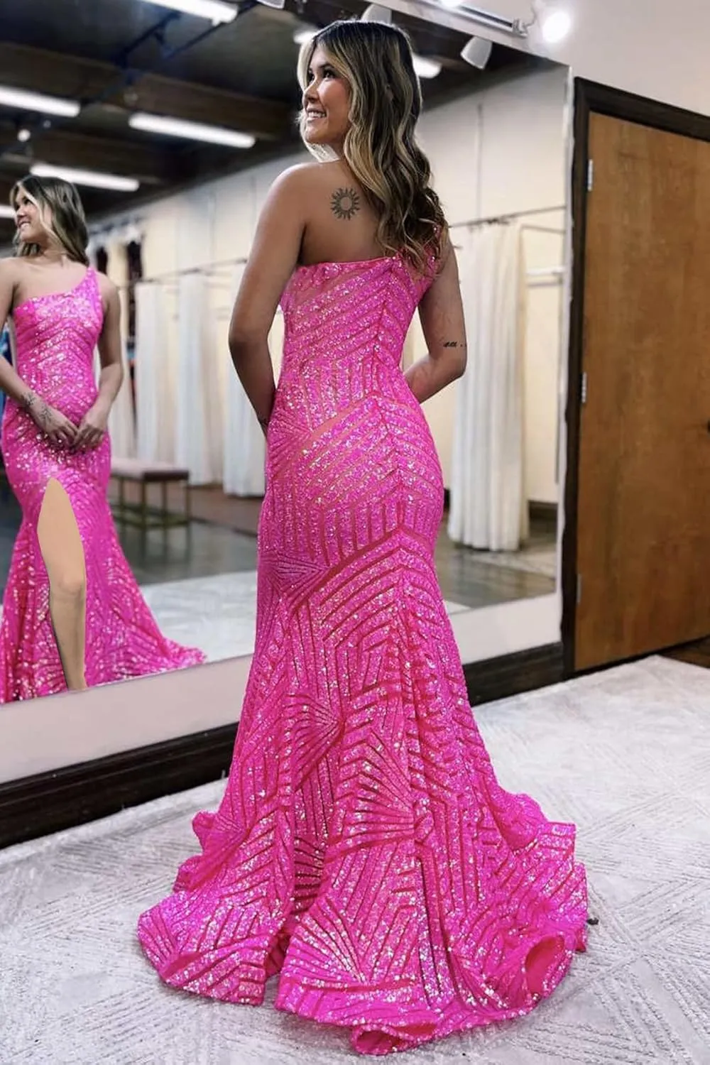 Sequin One Shoulder Prom Dress with Slit Sparkly Mermaid Ball Gown Sleeveless Long Formal Evening Dresses