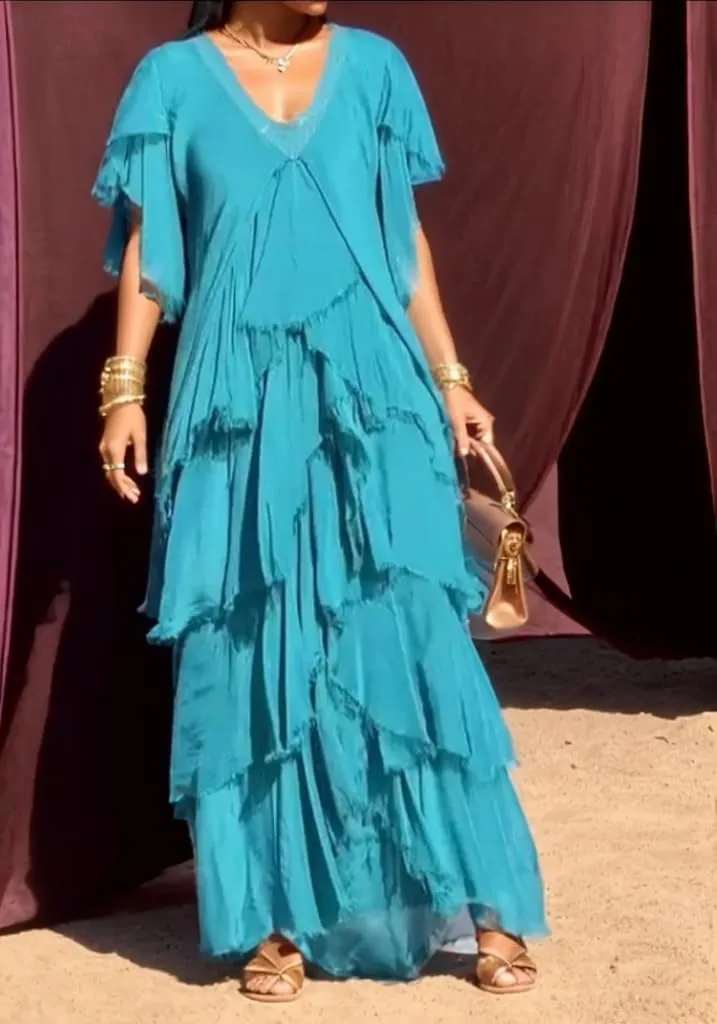 TIAFORD Women Casual Boho Maxi Dress Summer Short Sleeve V Neck Tiered Layered Irregular Loose Flowy Wedding Guest Long Dress