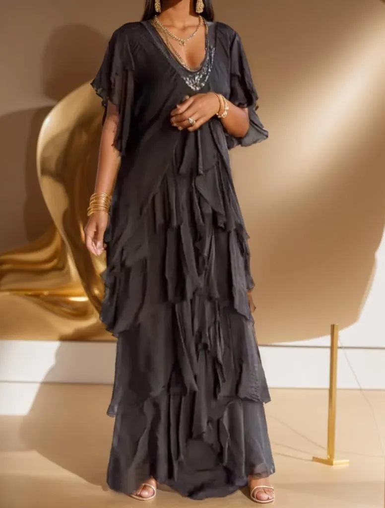 TIAFORD Women Casual Boho Maxi Dress Summer Short Sleeve V Neck Tiered Layered Irregular Loose Flowy Wedding Guest Long Dress