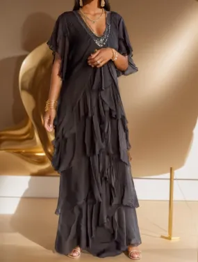 TIAFORD Women Casual Boho Maxi Dress Summer Short Sleeve V Neck Tiered Layered Irregular Loose Flowy Wedding Guest Long Dress