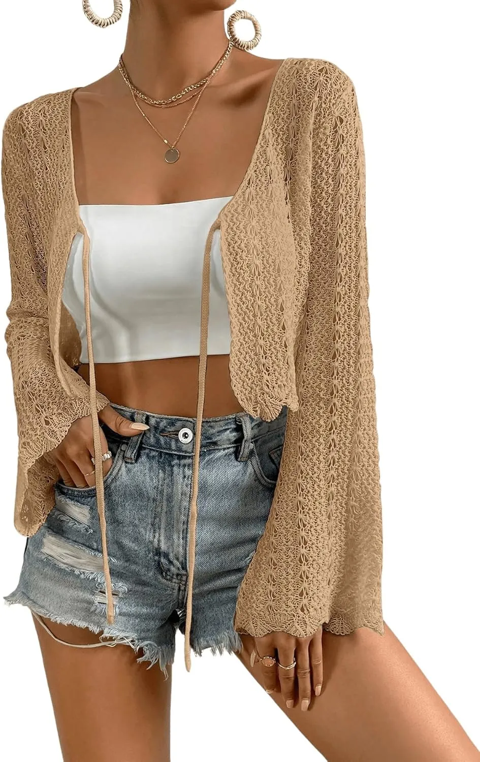 Verdusa Women's Tie Front Bell Long Sleeve Scalloped Crop Cardigan Knit Top