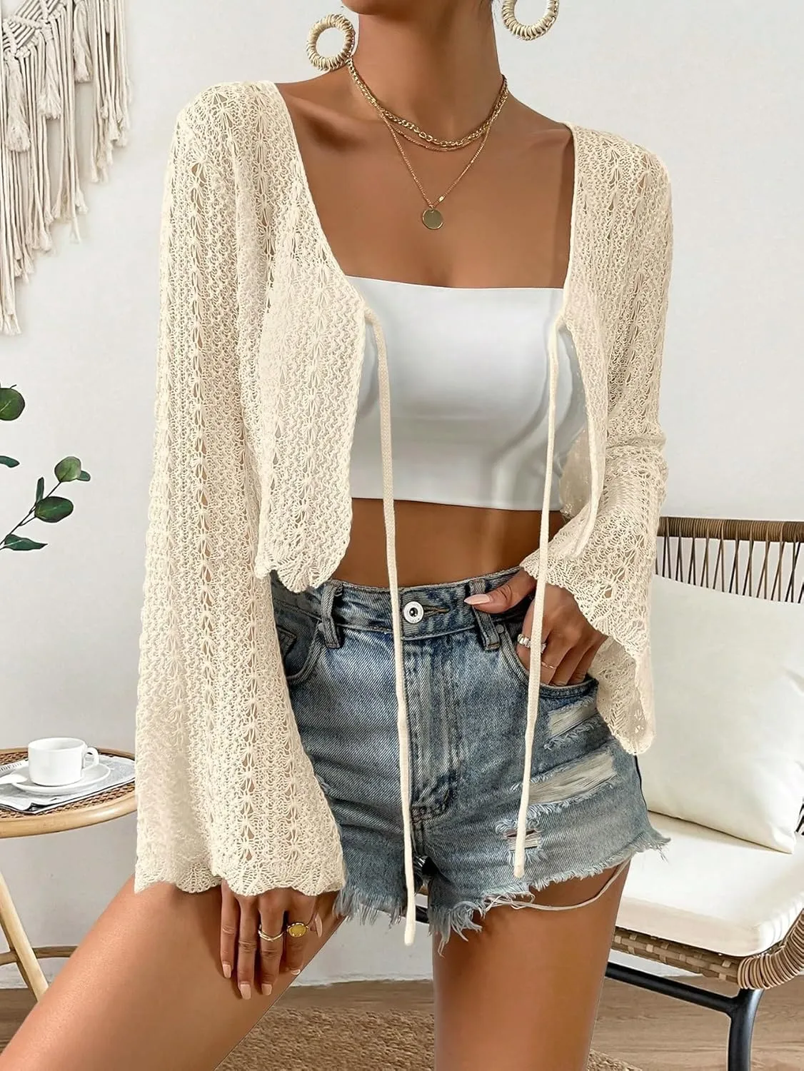Verdusa Women's Tie Front Bell Long Sleeve Scalloped Crop Cardigan Knit Top