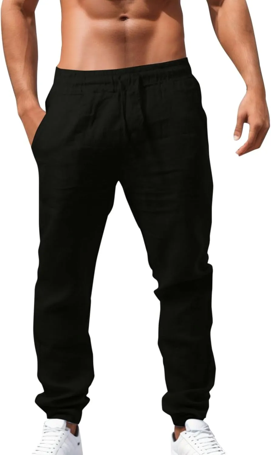 Vickyleb Men Cotton Linen Pants Casual Straight Leg Pleated Drawstring Workout Pants Relaxed Fit Tapered Trousers