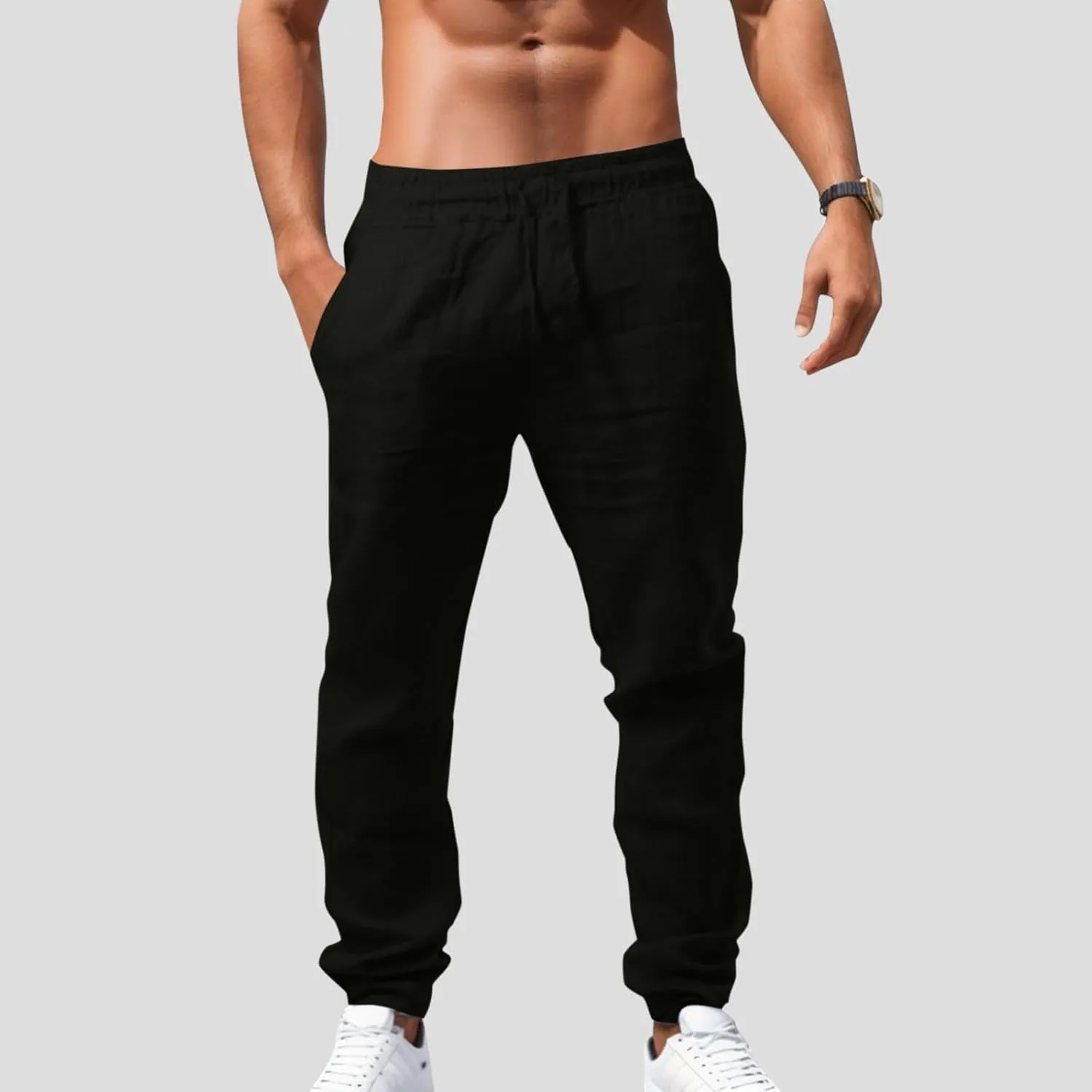 Vickyleb Men Cotton Linen Pants Casual Straight Leg Pleated Drawstring Workout Pants Relaxed Fit Tapered Trousers