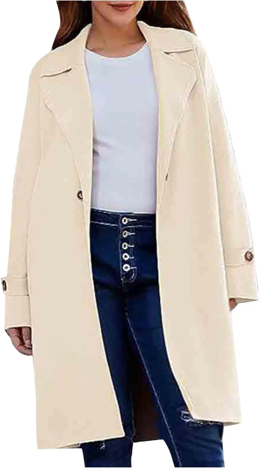 Winter Wool Blend Mid-Long Trench Coat for Women Notch Single-Breasted Oversized Lapel Lightweight Jacket Outwear