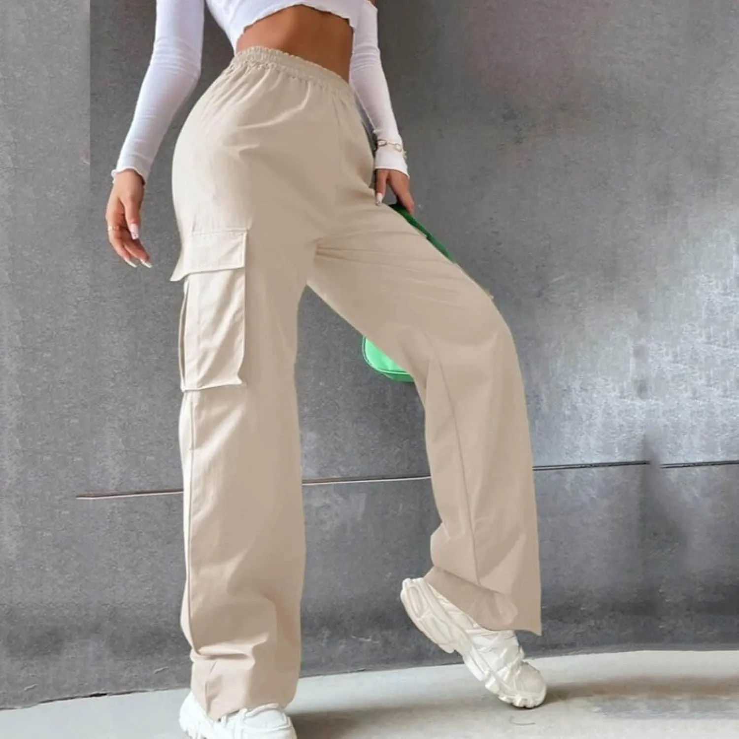 Women's Belt Less High Waisted Wide Leg Trousers Straight Leg Relaxed Style Trousers Casual Women's Pants Suits