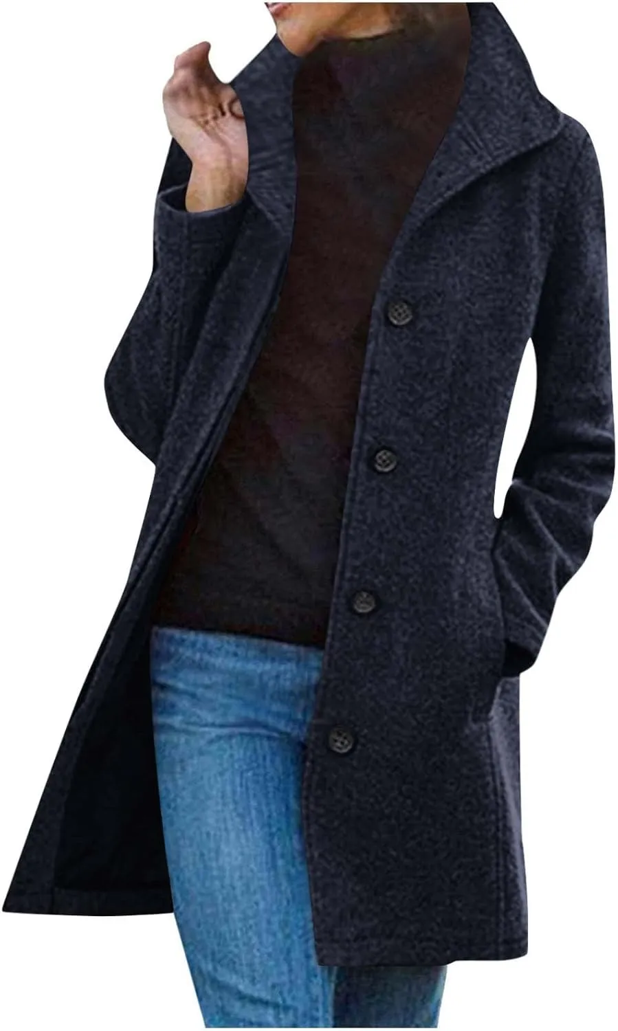 Women's Casual Thicken Wool Blend Stand Collar Single Breasted Warm Winter Coat Business Wool Pea Coats for Women