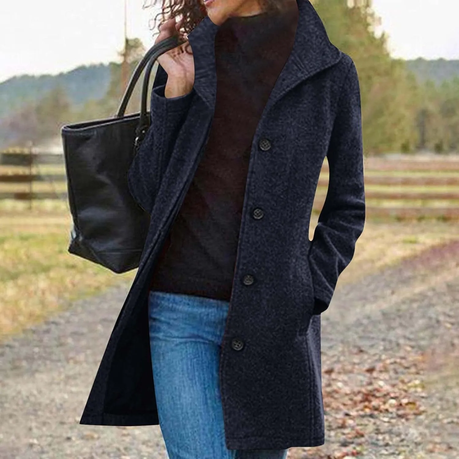 Women's Casual Thicken Wool Blend Stand Collar Single Breasted Warm Winter Coat Business Wool Pea Coats for Women