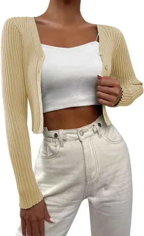 Womens Cropped Cardigan Long Sleeve Lightweight Crochet Knit Sweater Tops Cardigan Sweater 2023 Fall Open Front Shirts