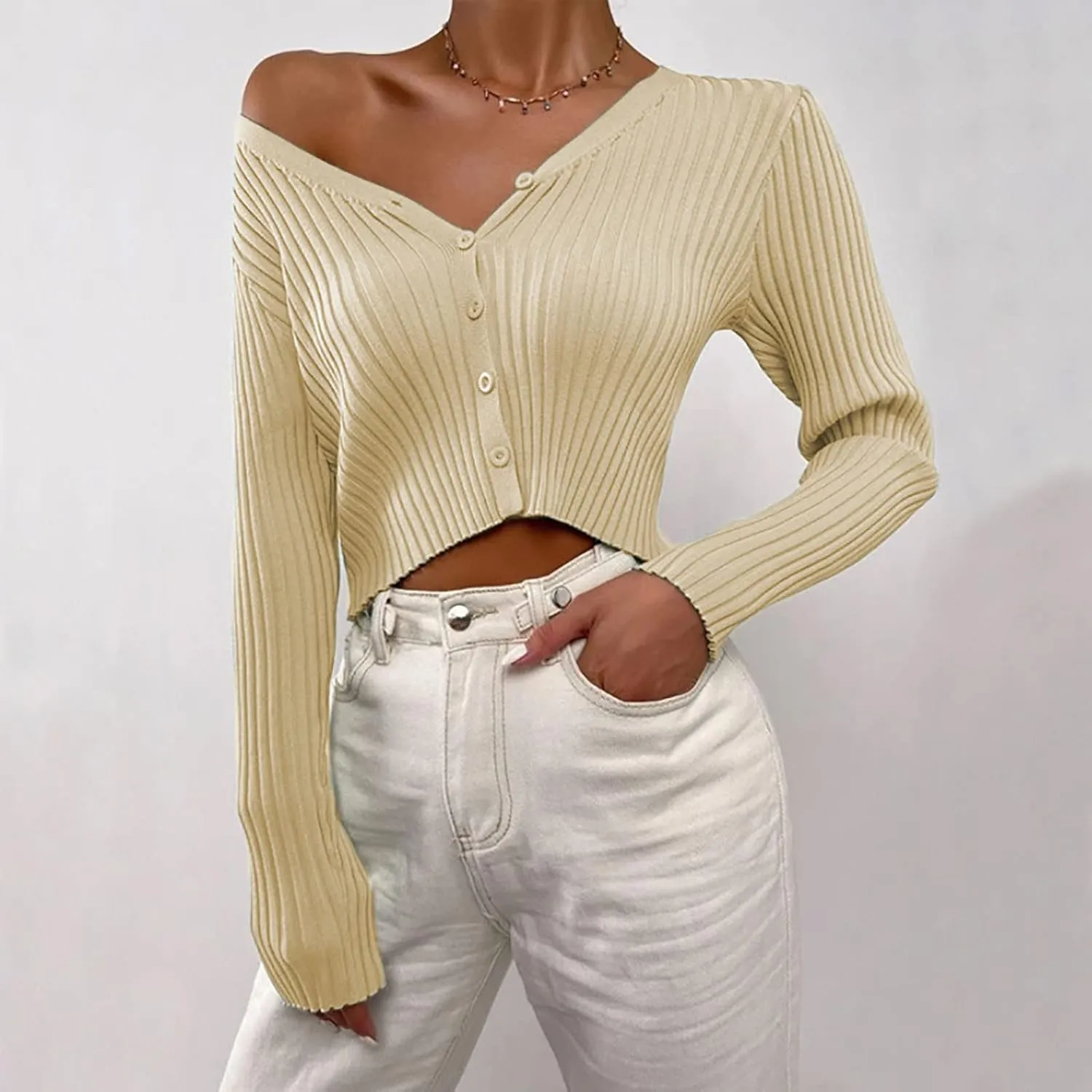 Womens Cropped Cardigan Long Sleeve Lightweight Crochet Knit Sweater Tops Cardigan Sweater 2023 Fall Open Front Shirts