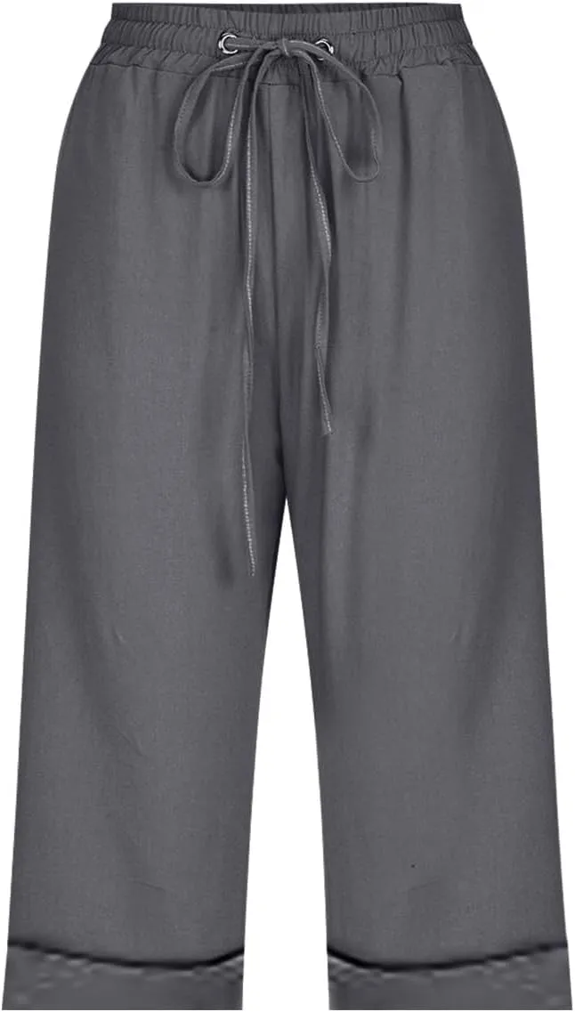 Women's Five Point Pants Solid Color Drawstring Rolled Trouser Legs Cotton and Linen Loose Straight Pocket