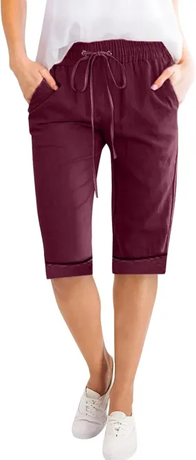 Women's Five Point Pants Solid Color Drawstring Rolled Trouser Legs Cotton and Linen Loose Straight Pocket