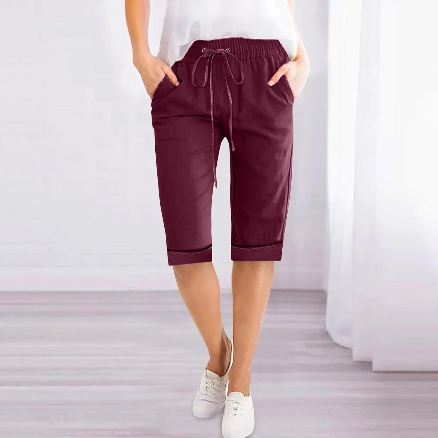 Women's Five Point Pants Solid Color Drawstring Rolled Trouser Legs Cotton and Linen Loose Straight Pocket
