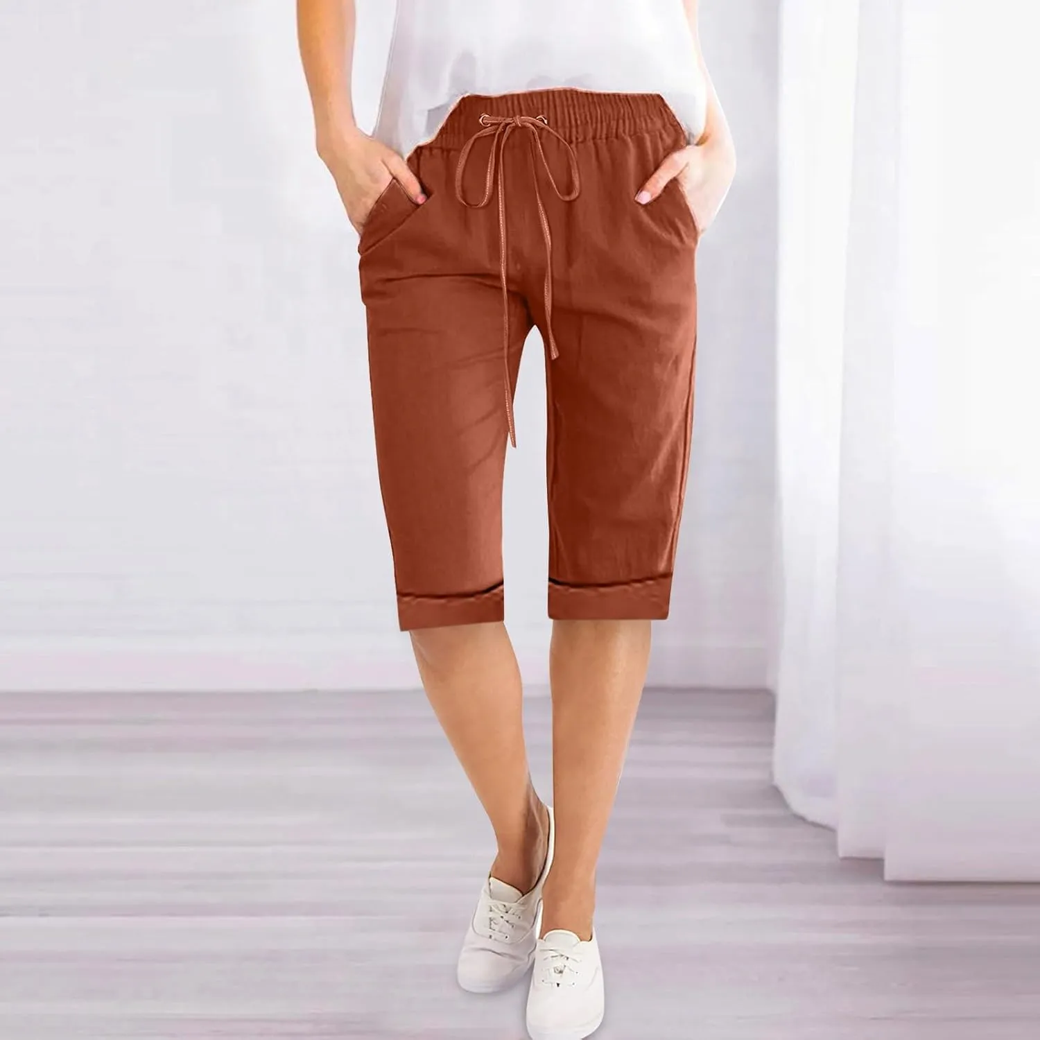 Women's Five Point Pants Solid Color Drawstring Rolled Trouser Legs Cotton and Linen Loose Straight Pocket