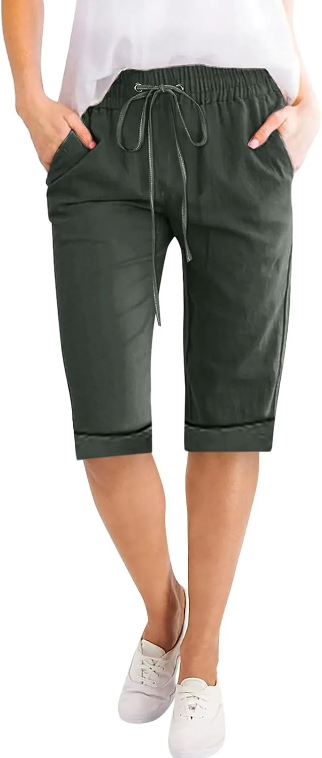 Women's Five Point Pants Solid Color Drawstring Rolled Trouser Legs Cotton and Linen Loose Straight Pocket