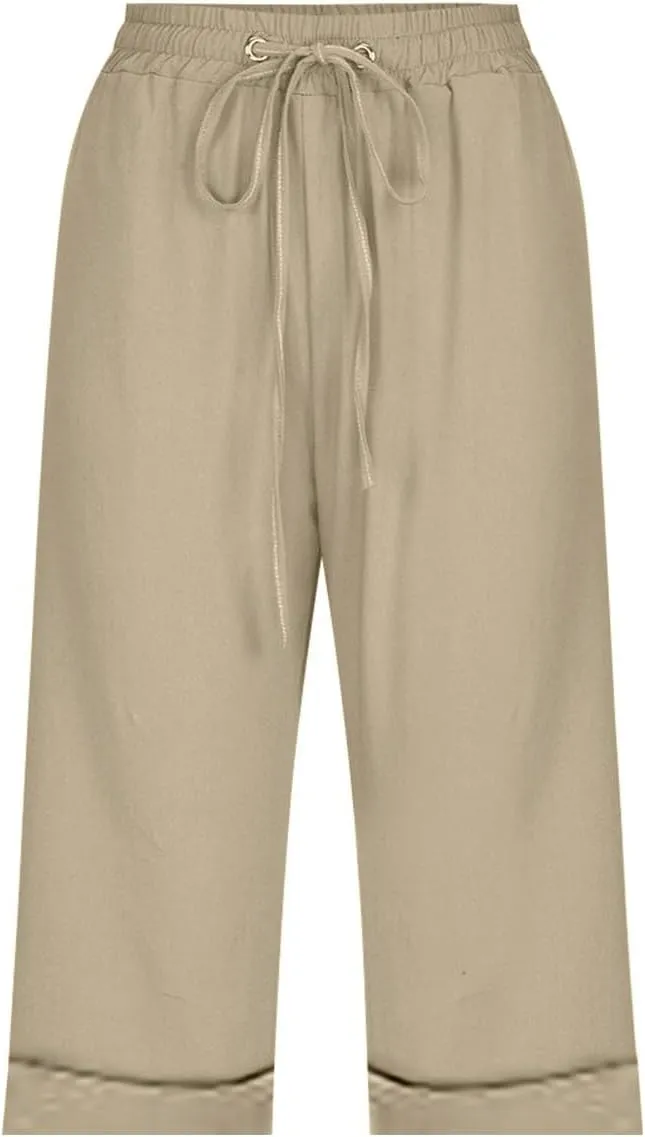 Women's Five Point Pants Solid Color Drawstring Rolled Trouser Legs Cotton and Linen Loose Straight Pocket