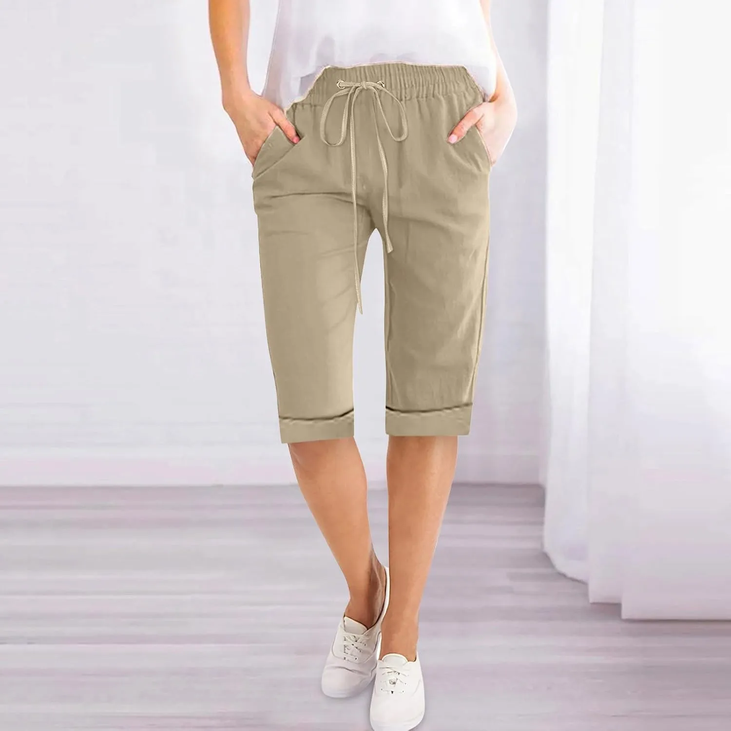 Women's Five Point Pants Solid Color Drawstring Rolled Trouser Legs Cotton and Linen Loose Straight Pocket