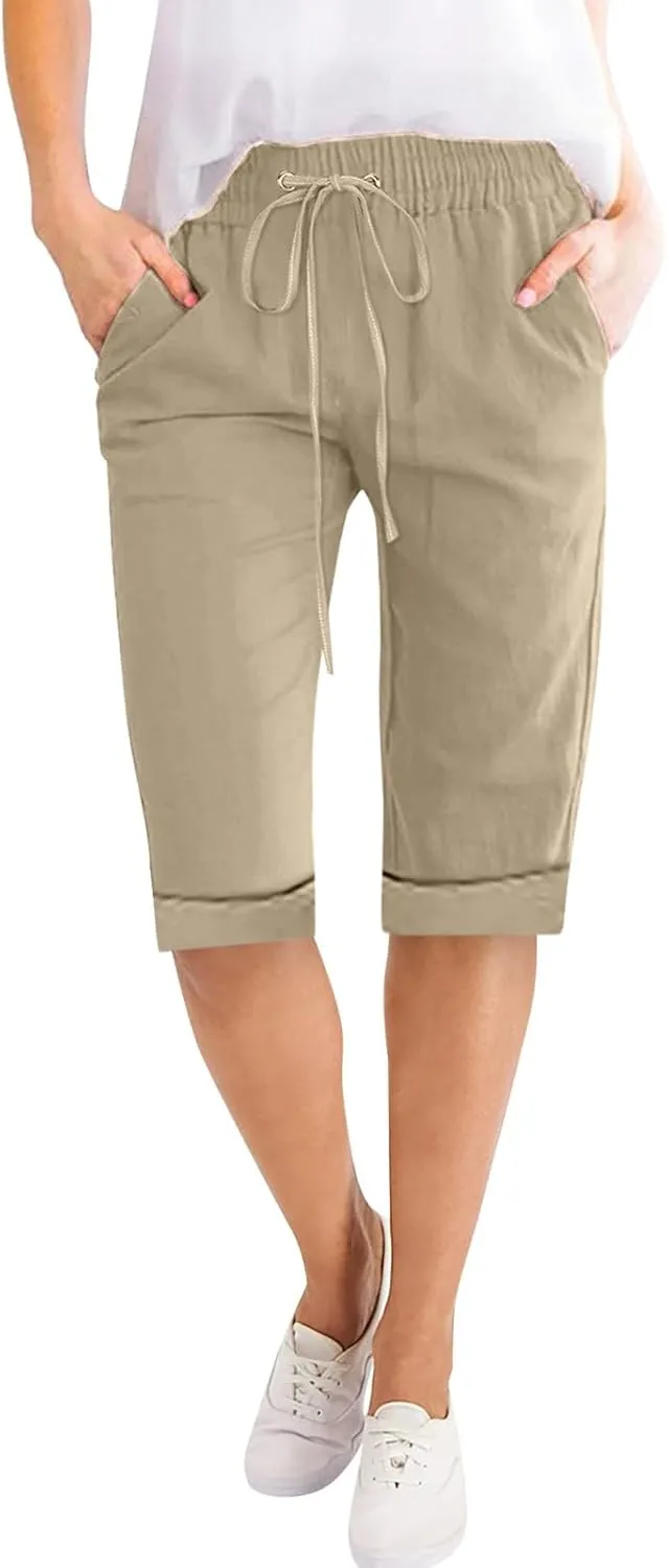 Women's Five Point Pants Solid Color Drawstring Rolled Trouser Legs Cotton and Linen Loose Straight Pocket