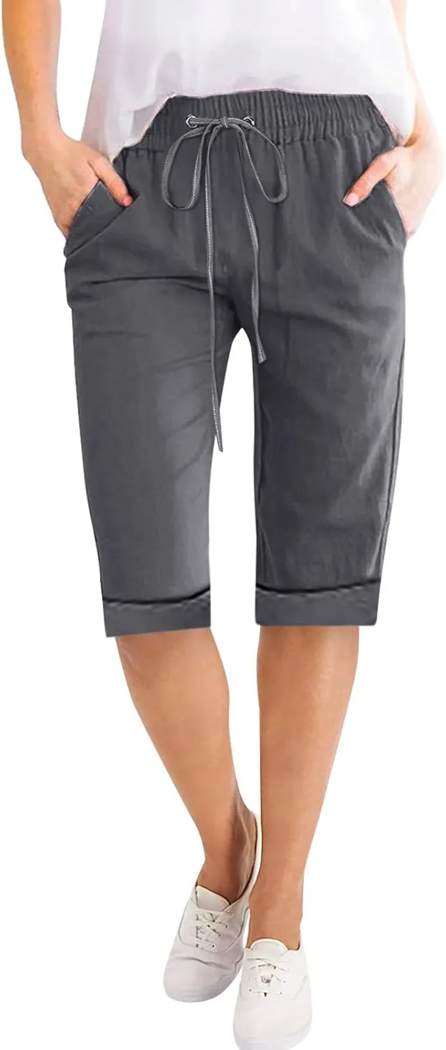 Women's Five Point Pants Solid Color Drawstring Rolled Trouser Legs Cotton and Linen Loose Straight Pocket