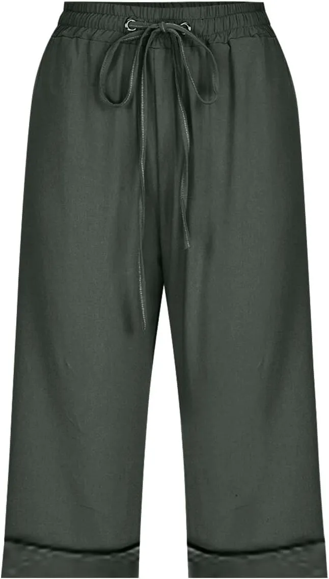 Women's Five Point Pants Solid Color Drawstring Rolled Trouser Legs Cotton and Linen Loose Straight Pocket