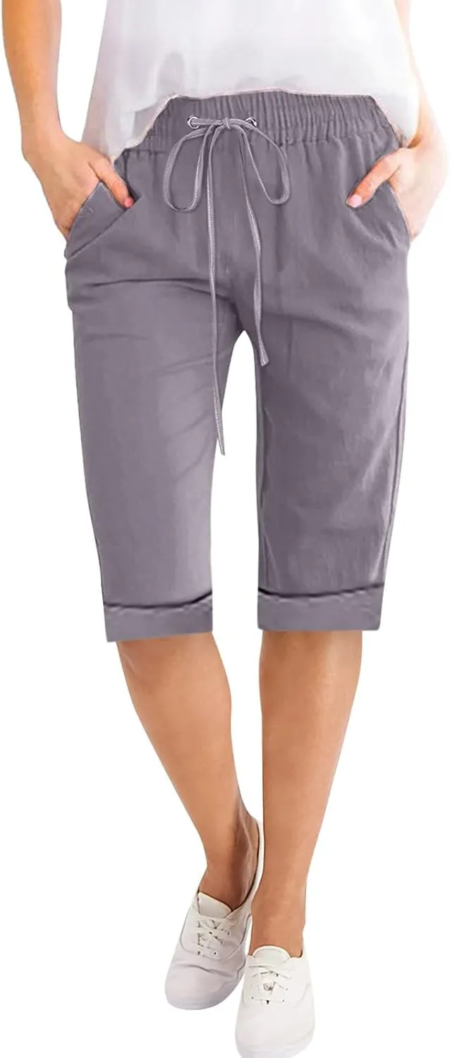Women's Five Point Pants Solid Color Drawstring Rolled Trouser Legs Cotton and Linen Loose Straight Pocket