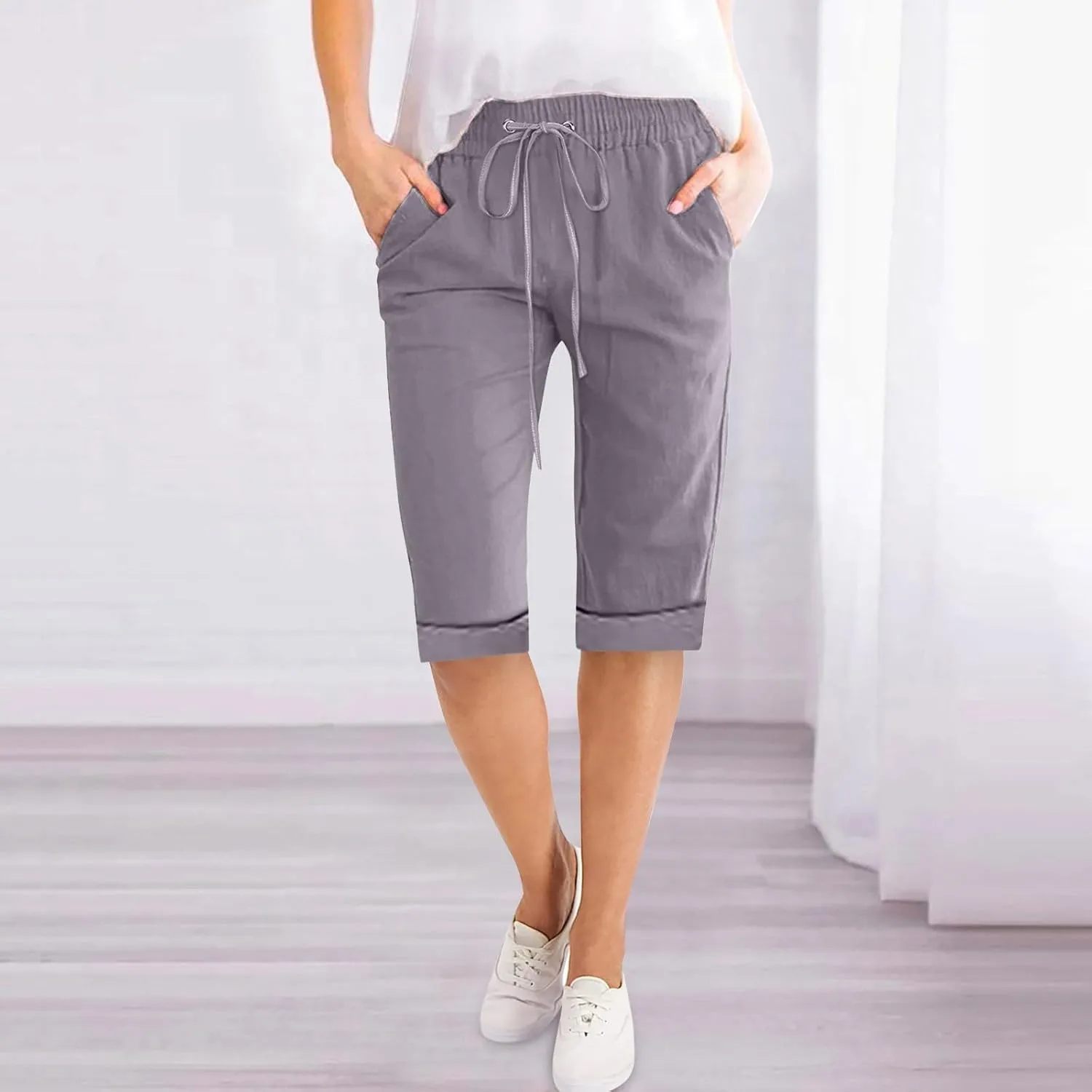Women's Five Point Pants Solid Color Drawstring Rolled Trouser Legs Cotton and Linen Loose Straight Pocket