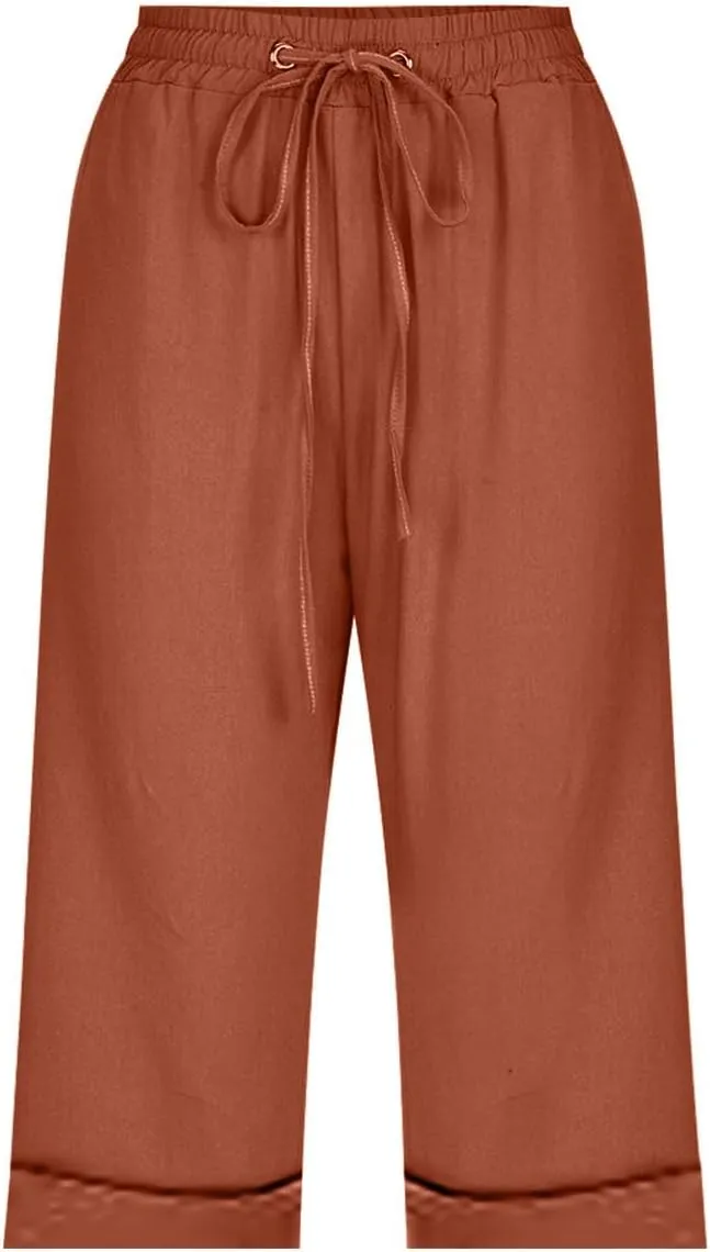Women's Five Point Pants Solid Color Drawstring Rolled Trouser Legs Cotton and Linen Loose Straight Pocket