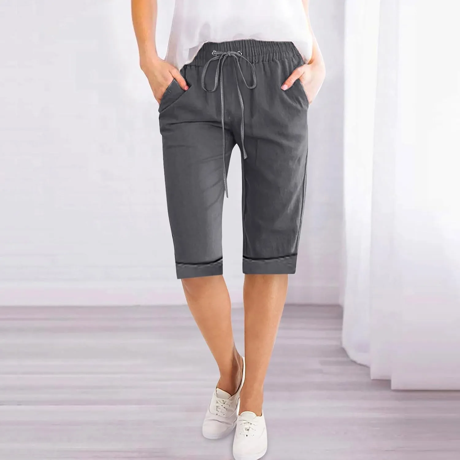 Women's Five Point Pants Solid Color Drawstring Rolled Trouser Legs Cotton and Linen Loose Straight Pocket