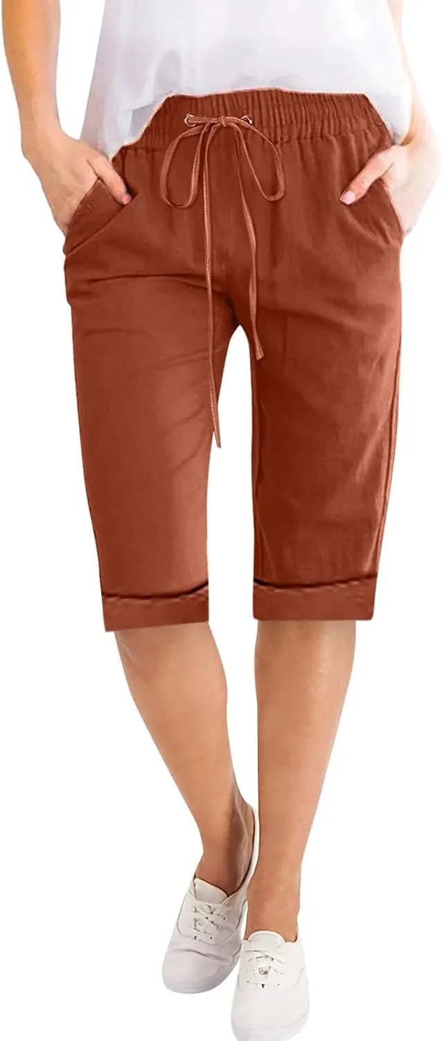 Women's Five Point Pants Solid Color Drawstring Rolled Trouser Legs Cotton and Linen Loose Straight Pocket