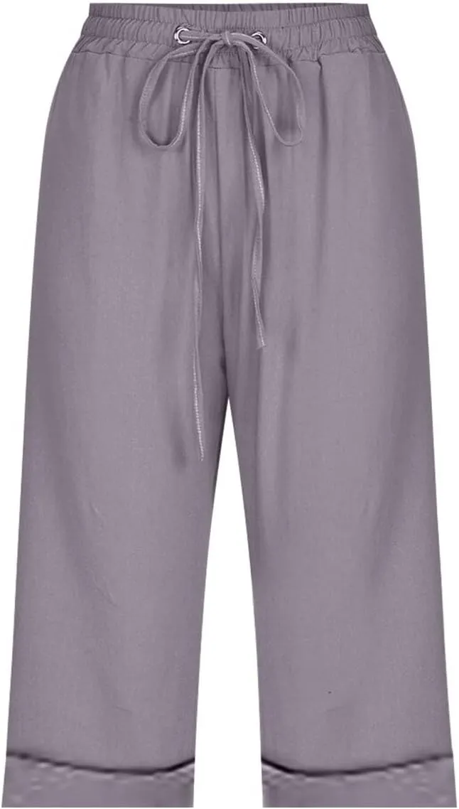 Women's Five Point Pants Solid Color Drawstring Rolled Trouser Legs Cotton and Linen Loose Straight Pocket