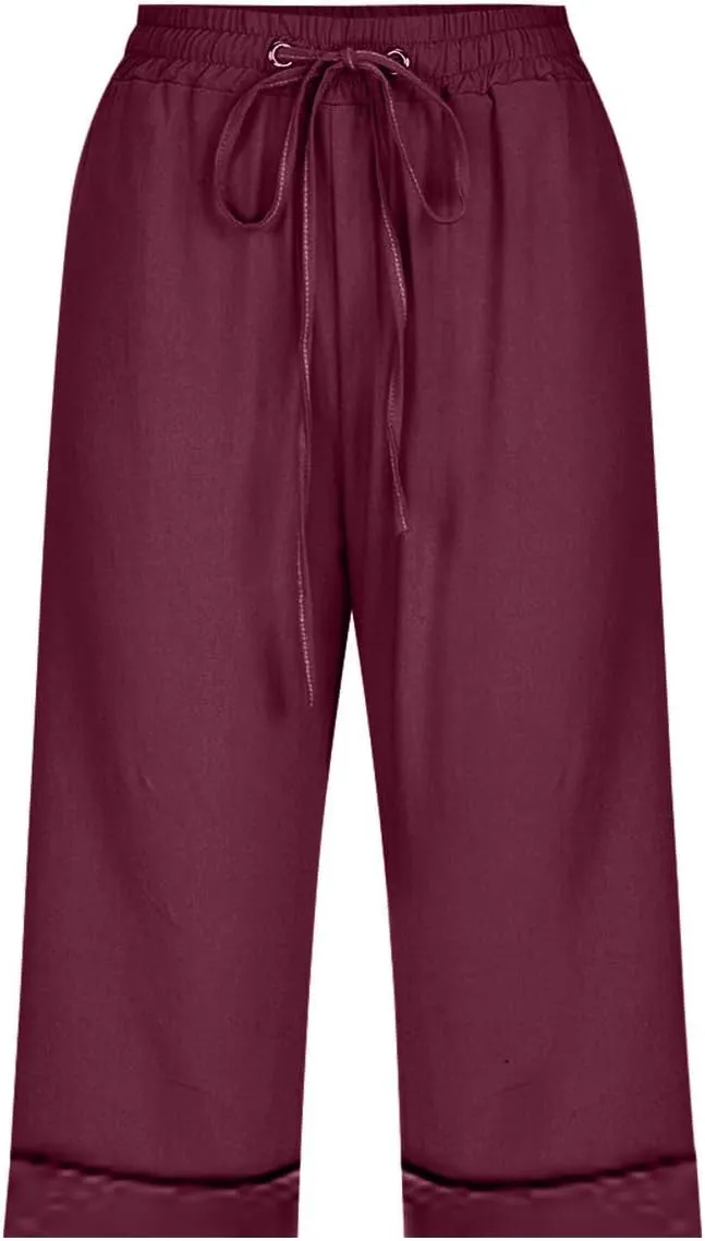 Women's Five Point Pants Solid Color Drawstring Rolled Trouser Legs Cotton and Linen Loose Straight Pocket