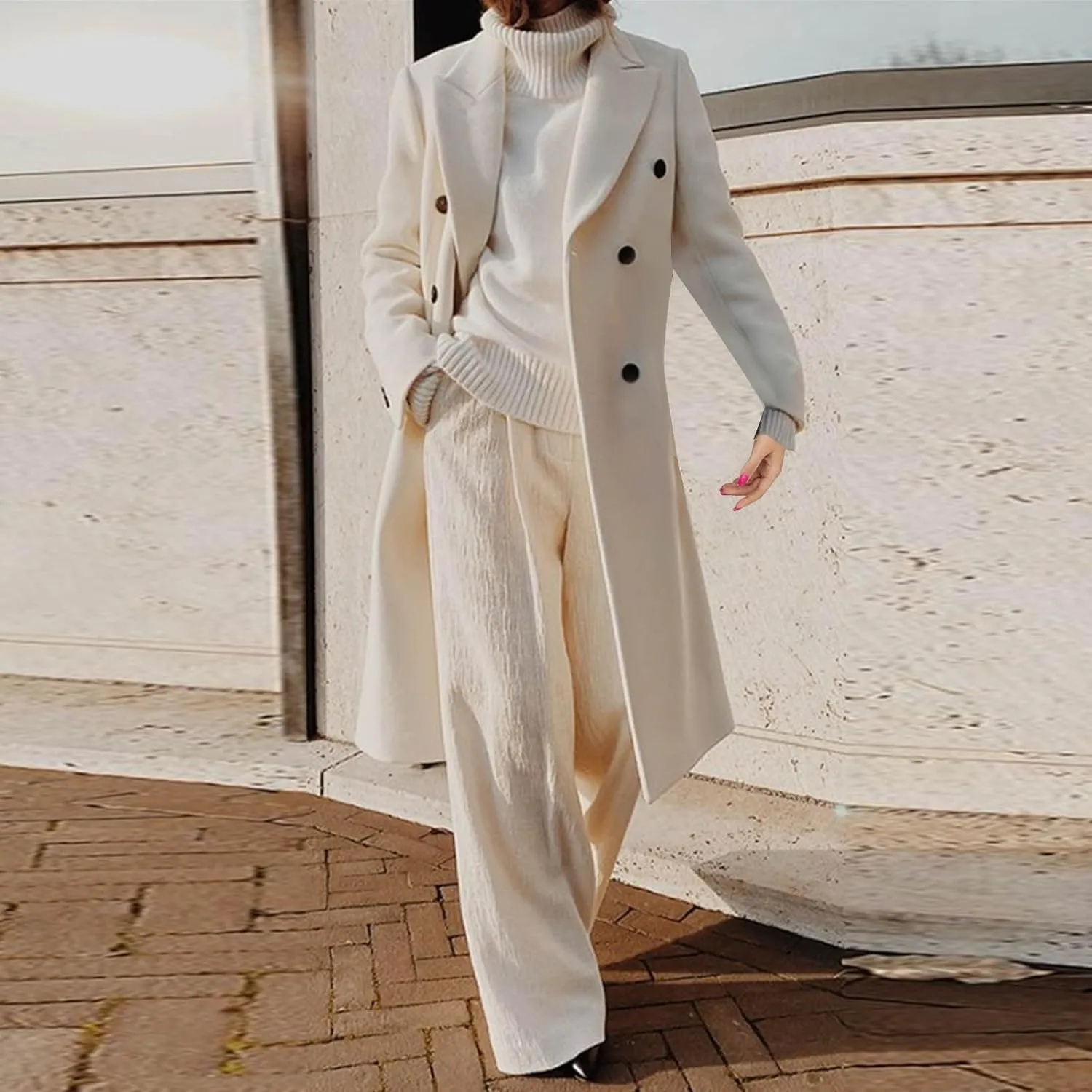 Womens Notched Lapel Thicken Long Trench Coats Double Breasted Pea Coat Winter Wool Blend Cozy Over Coats Long Jacket