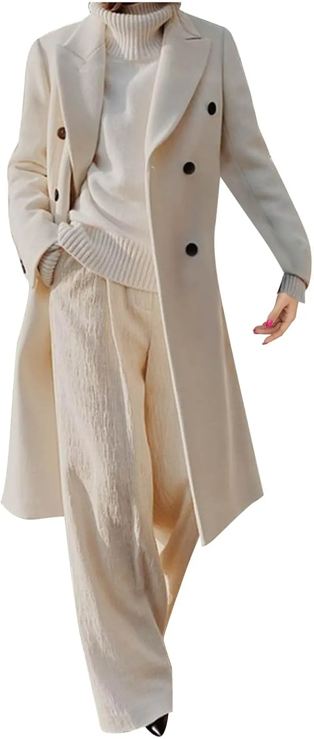 Womens Notched Lapel Thicken Long Trench Coats Double Breasted Pea Coat Winter Wool Blend Cozy Over Coats Long Jacket