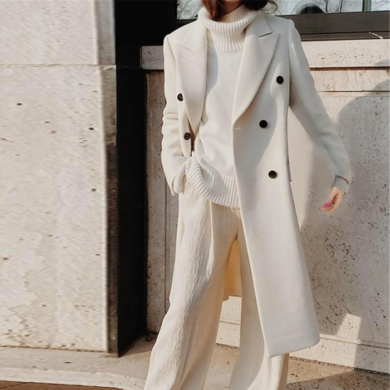 Womens Notched Lapel Thicken Long Trench Coats Double Breasted Pea Coat Winter Wool Blend Cozy Over Coats Long Jacket