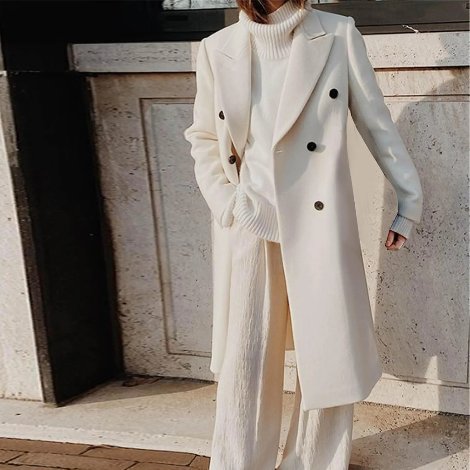 Womens Notched Lapel Thicken Long Trench Coats Double Breasted Pea Coat Winter Wool Blend Cozy Over Coats Long Jacket