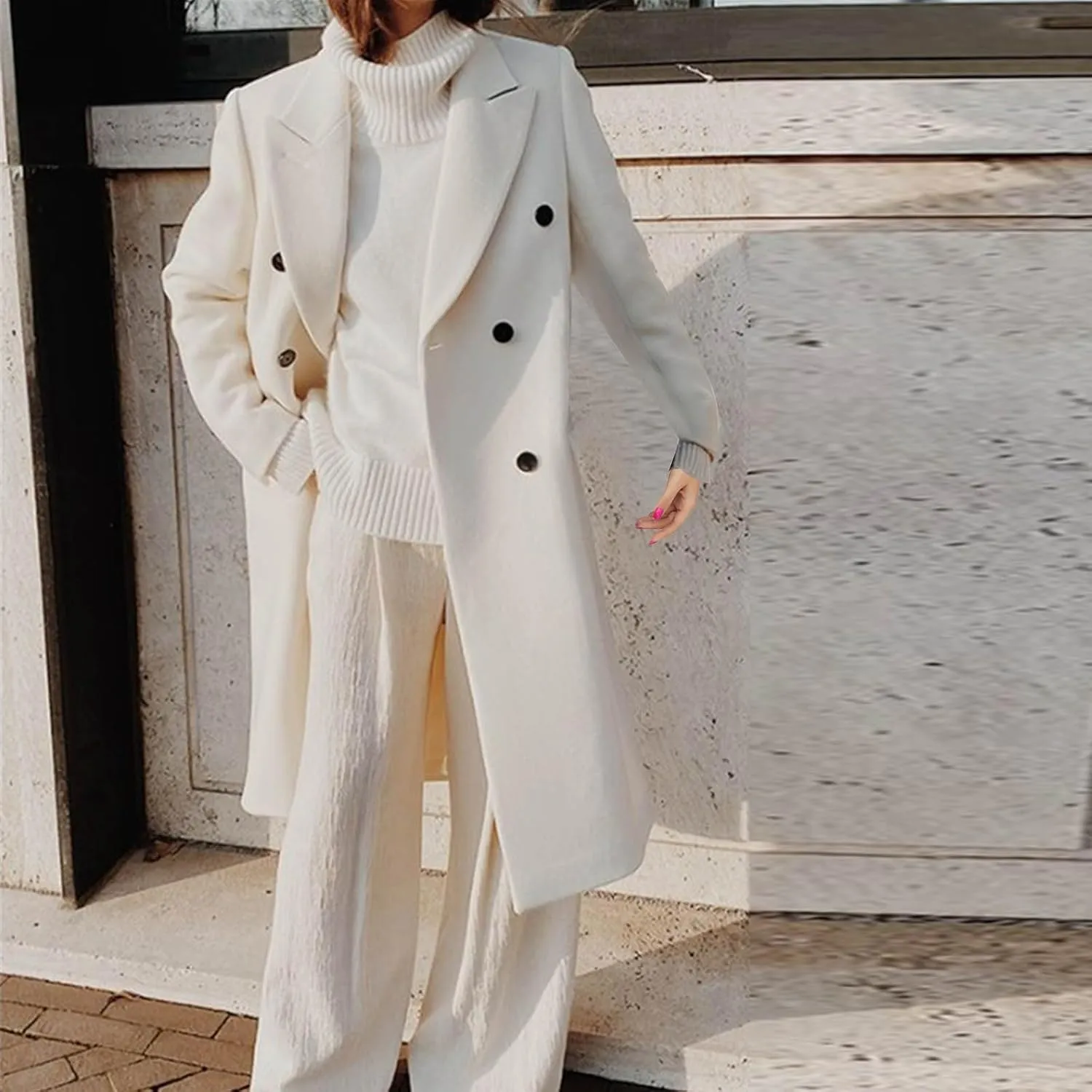 Womens Notched Lapel Thicken Long Trench Coats Double Breasted Pea Coat Winter Wool Blend Cozy Over Coats Long Jacket