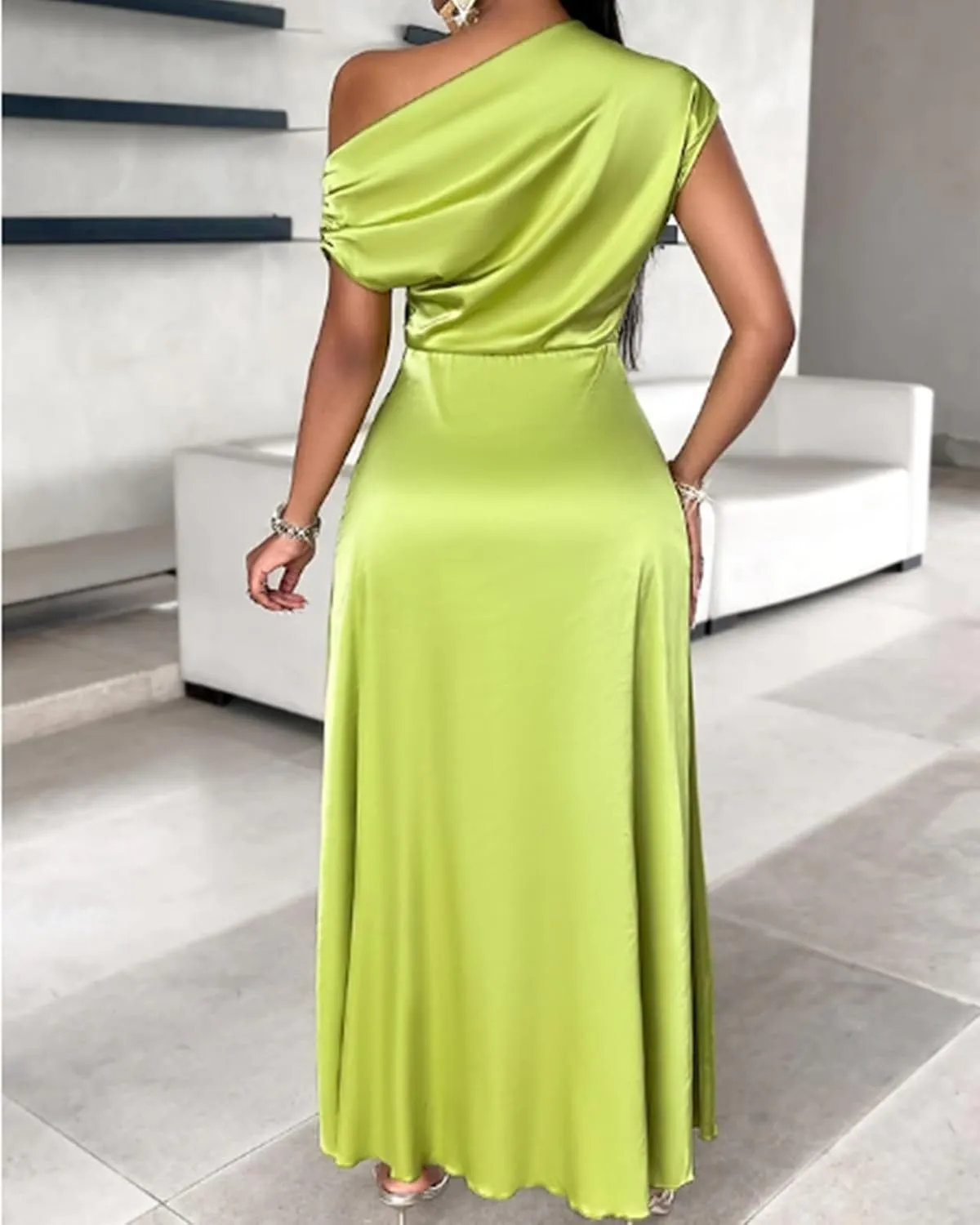 Women's One Shoulder Satin Maxi Dress Bodycon Ruched Asymmetrical Neck Sleeveless Long Dresses Party Evening Dress