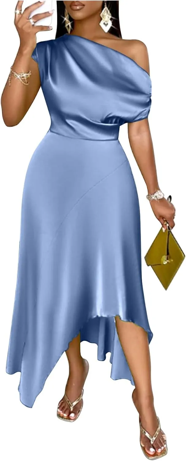 Women's One Shoulder Satin Maxi Dress Bodycon Ruched Asymmetrical Neck Sleeveless Long Dresses Party Evening Dress